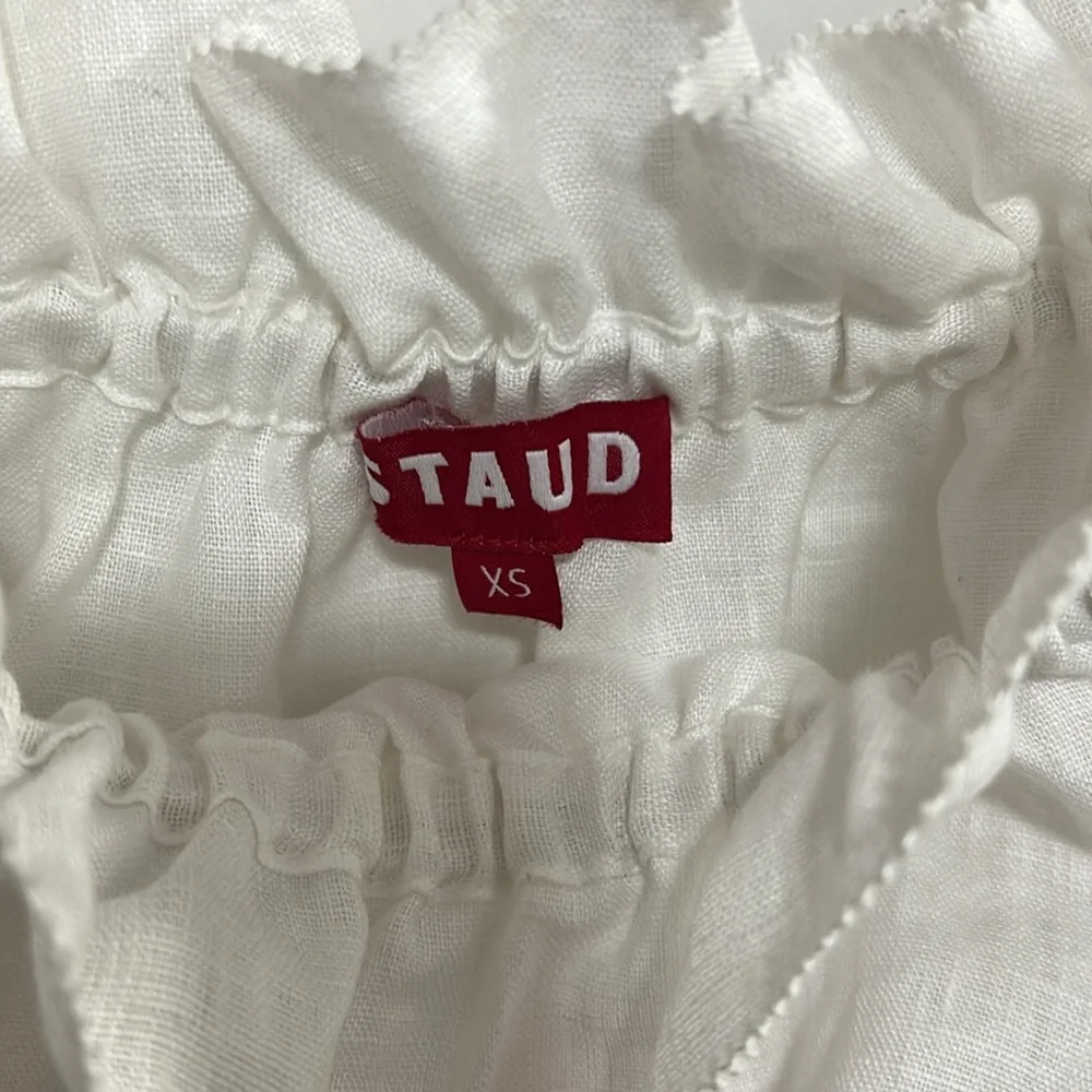 STAUD Tristan 100% Linen White Puff Sleeve Off Shoulder Crop Top Blouse X-Small